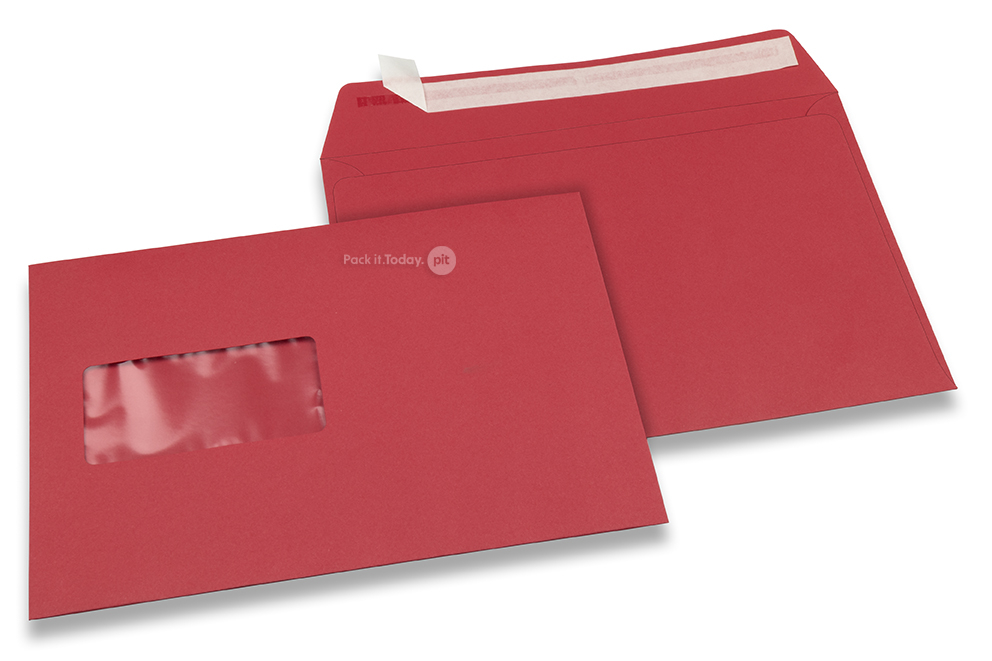 Buste colorate con finestra - Rosso, 162 x 229 mm (A5), Finestra a sinistra, formato finestra 45 x 90 mm, posizione finestra 20 mm da sinistra / 60 mm da sotto, lembo autoadesivo, carta da 120 grammi.