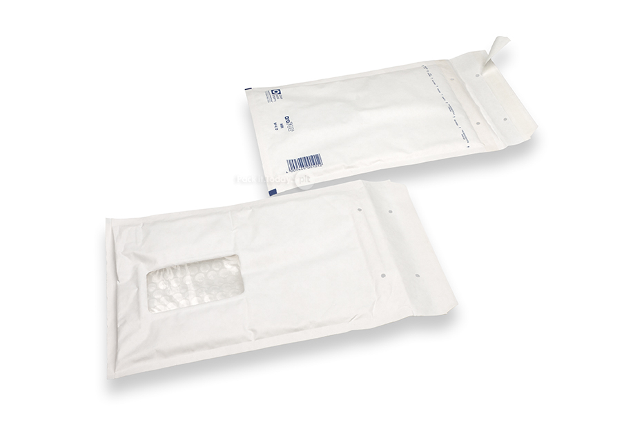 Buste imbottite bianco con finestra - 175 x 265 mm, finestra a sinistra 55 x 90 mm, posizione della finestra 30 mm dal sinistra e 70 mm dal lato superiore