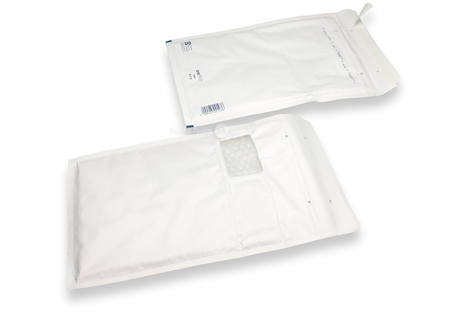 Buste imbottite bianco con finestra - 225 x 340 mm, finestra a sinistra 55 x 90 mm, posizione della finestra 15 mm dal sinistra e 70 mm dal lato superiore