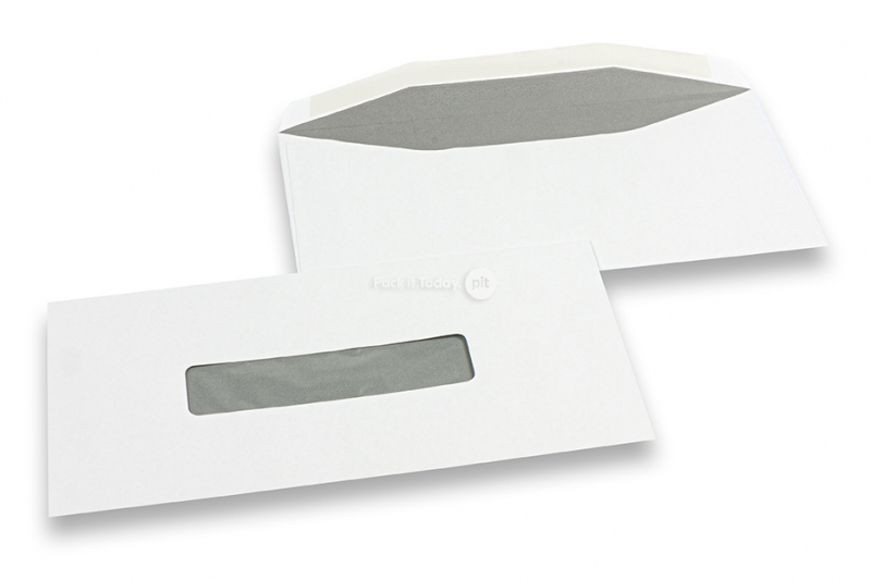 Buste con finestra, bianco, 109 x 224 mm, finestra centrata 25 x 110 mm, posizione della finestra 53 mm dal sinistra e 40 mm dal fondo, chiusura gommata, 80 grammi, peso circa 3 g cad.