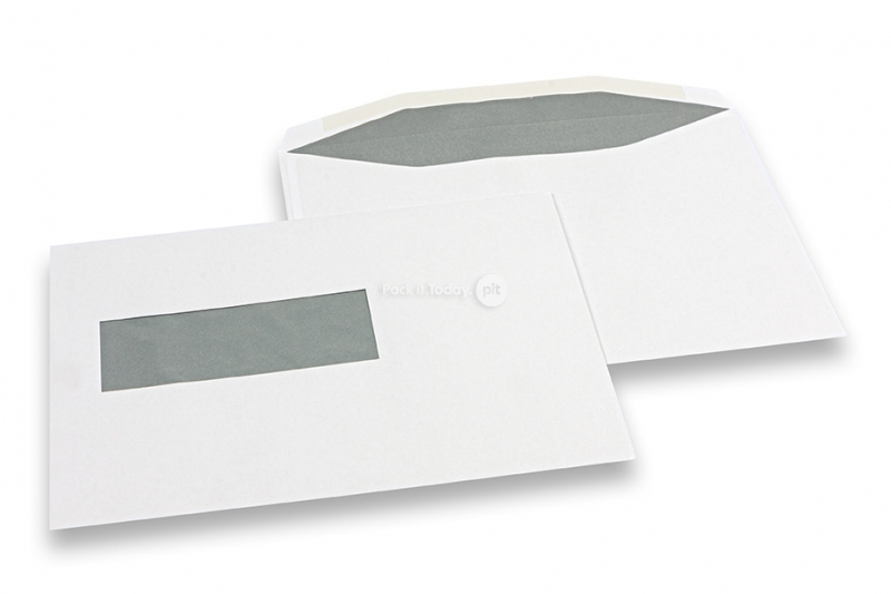 Buste con finestra, bianco, 156 x 220 mm (EA5), finestra a sinistra 40 x 110 mm, posizione della finestra 20 mm dal sinistra e 66 mm dal fondo, 90 grammi, chiusura gommata, peso circa 5 g cad.