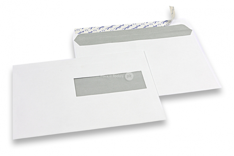 Buste con finestra, bianco, 156 x 220 mm (EA5), finestra a destra 40 x 110 mm, posizione della finestra 15 mm dal destra e 66 mm dal fondo, 90 grammi, chiusura a lembo autoadesivo, peso circa 5 g cad.