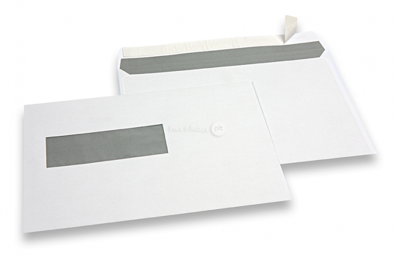 Buste con finestra, bianco, 162 x 229 mm (C5), finestra a sinistra 40 x 110 mm, posizione della finestra 20 mm dal sinistra e 72 mm dal fondo, 90 grammi, chiusura a lembo autoadesivo, peso circa 7 g cad.