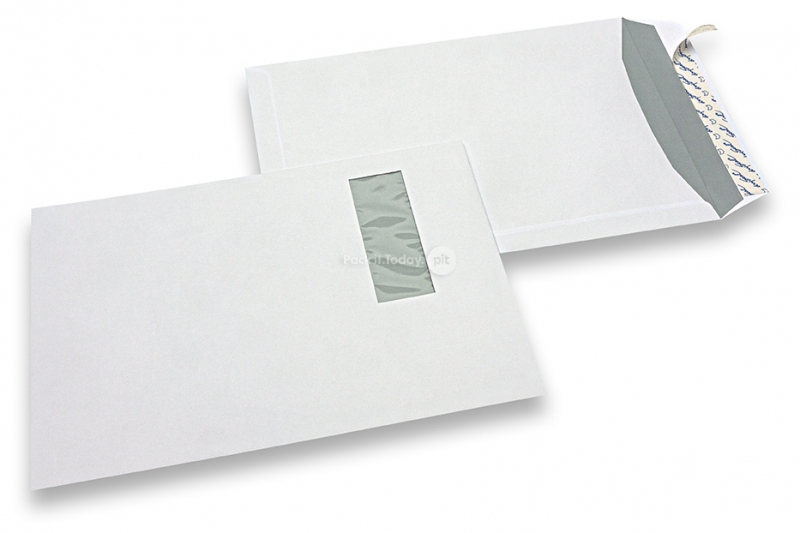 Buste con finestra, bianco, 220 x 312 mm (EA4), finestra a sinistra 40 x 110 mm, posizione della finestra 20 mm dal sinistra e 50 mm dal lato superiore, 120 grammi, chiusura a lembo autoadesivo, peso circa 18 g cad.