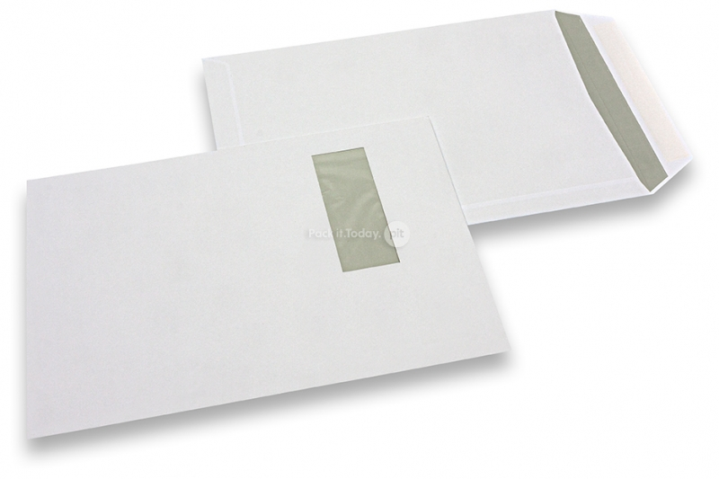 Buste con finestra, bianco, 229 x 324 mm (C4), finestra a sinistra 40 x 110 mm, posizione della finestra 20 mm dal sinistra e 60 mm dal lato superiore, 120 grammi, chiusura gommata, peso circa 20 g cad.