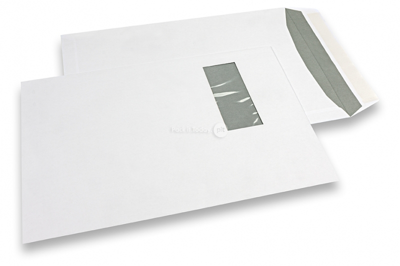 Buste con finestra, bianco, 240 x 340 mm (EC4), finestra a sinistra 45 x 110 mm, posizione della finestra 25 mm dal sinistra e 70 mm dal lato superiore, 120 grammi, chiusura a lembo autoadesivo, peso circa 21 g cad.