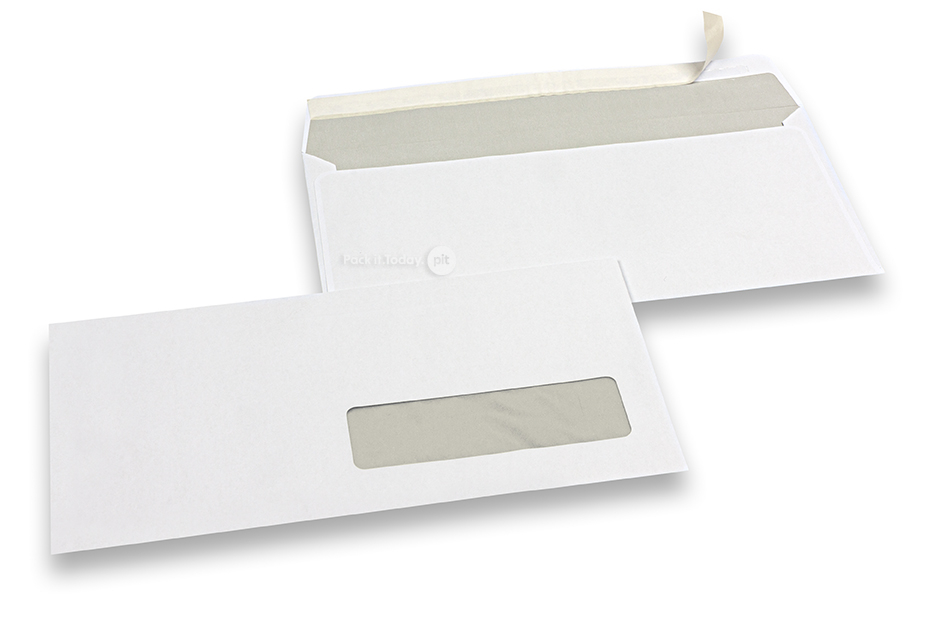 Buste con finestra, bianco, 110 x 220 mm (EA5/6), finestra a destra 30 x 100 mm, posizione della finestra 15 mm dal destra e 20 mm dal fondo, 80 grammi, chiusura a lembo autoadesivo