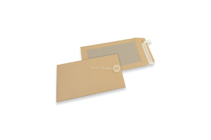 Buste con retro in cartone - 176 x 250 mm, parte anteriore kraft marrone da 120 grammi, parte posteriore duplex grigio da 450 grammi, lembo autoadesivo