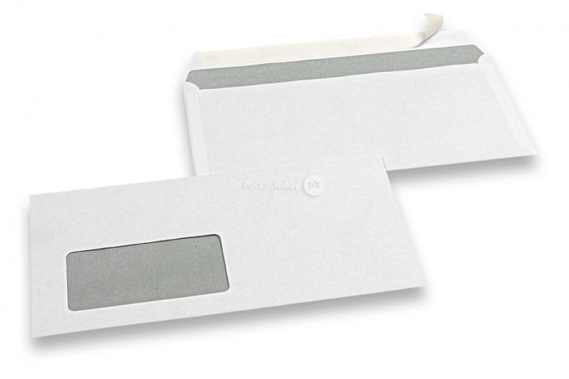 Buste standard con finestra, 110 x 220 mm, 80 grs., finestra a sinistra 45 x 90 mm, posizione della finestra 20 mm dal sinistra e 15 mm dal fondo, chiusura a striscia