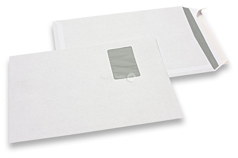 Buste standard con finestra, 229 x 324 mm, 100 grs., finestra a sinistra 55 x 90 mm, posizione della finestra 20 mm dal sinistra e 60 mm dal lato superiore, chiusura a striscia