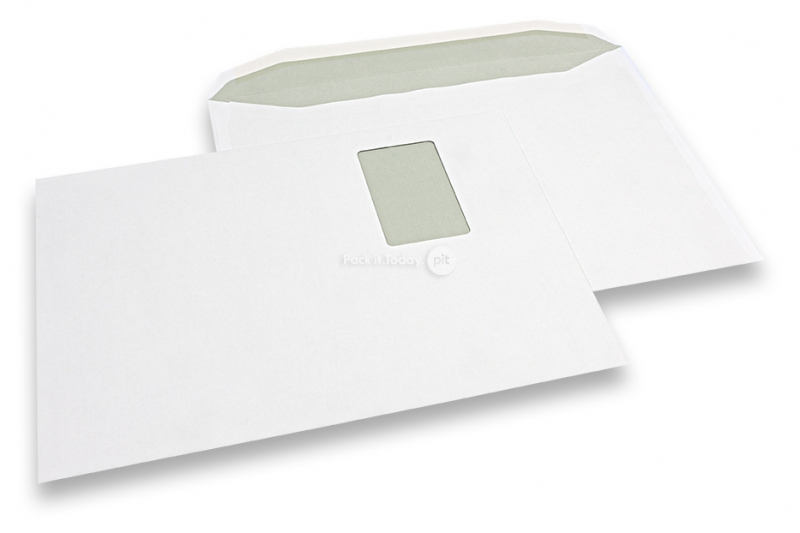 Buste standard con finestra, 229 x 324 mm, 100 grs., finestra a sinistra 55 x 90 mm, posizione della finestra 20 mm dal sinistra e 60 mm dal lato superiore, chiusura gommata