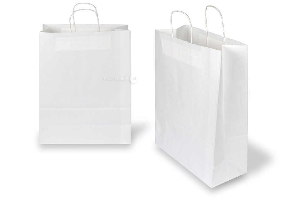 Sacchetti di carta con manici intrecciati - bianco, 320 x 140 x 420 mm, 100 grammi