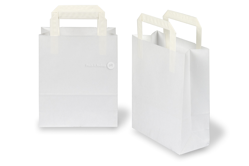 Sacchetti di carta con manici piatti - bianco, 180 x 80 x 220 mm