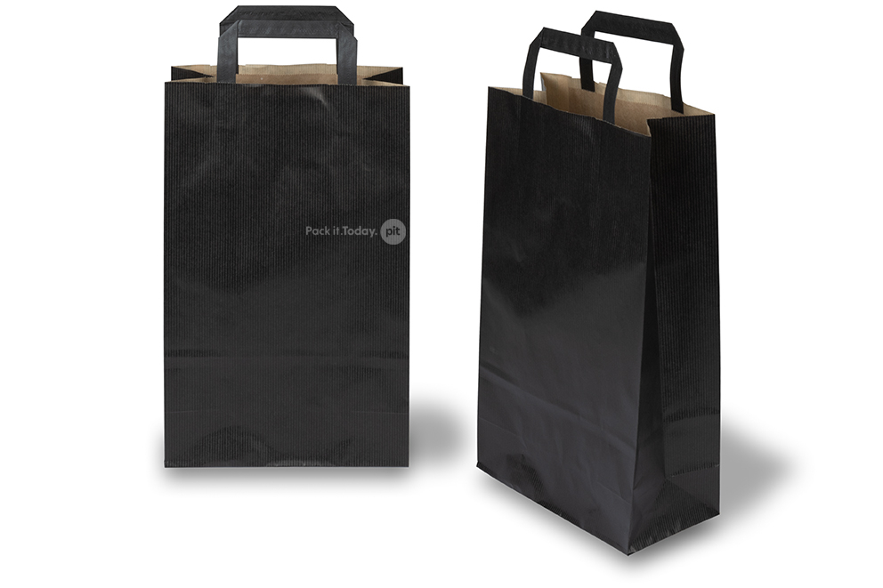 Sacchetti di carta con manici piatti - nero, 220 x 105 x 360 mm