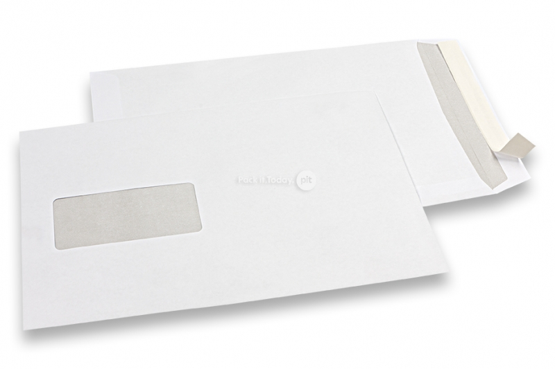 Buste standard con finestra, 176 x 250 mm, 90 grs., finestra a sinistra 45 x 90, posizione della finestra 20 mm dal sinistra e 60 mm dal fondo, chiusura a striscia