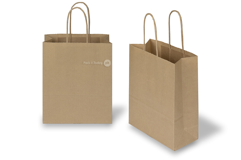 Sacchetti di carta con manici intrecciati - marrone rigata, 180 x 80 x 220 mm, 90 grammi