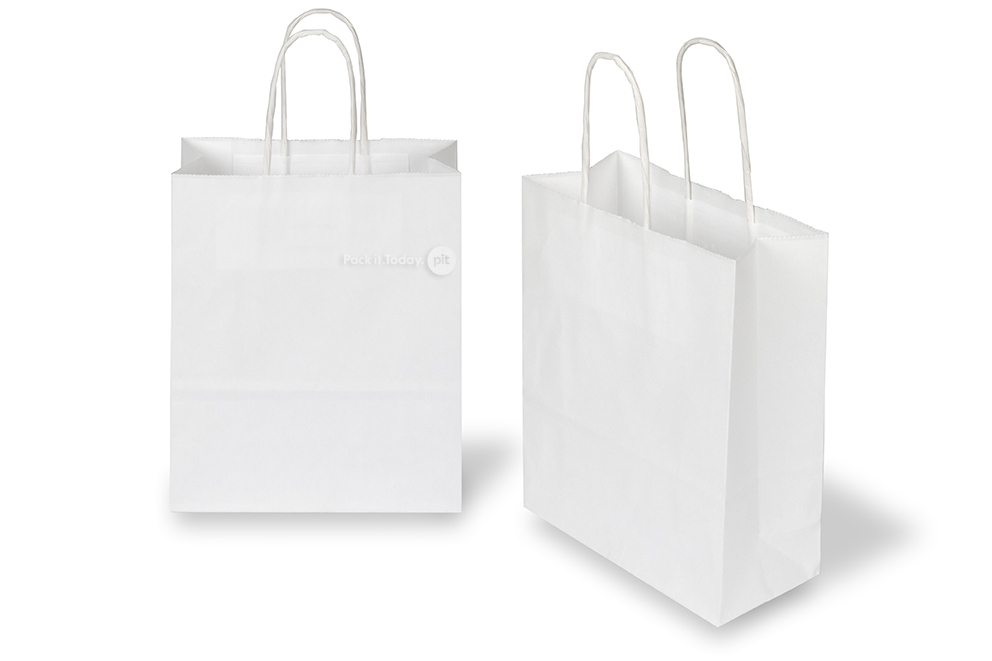 Sacchetti di carta con manici intrecciati - bianco, 180 x 80 x 220 mm, 90 grammi