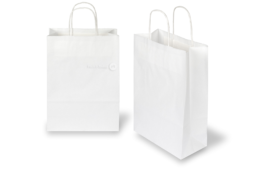 Sacchetti di carta con manici intrecciati - bianco, 220 x 100 x 310 mm, 90 grammi