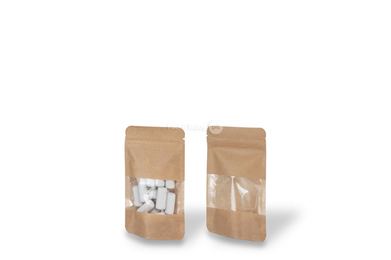 Sacchetti Doypack in carta con finestra - marrone, 85 x 145 x 50 mm, 100 ml