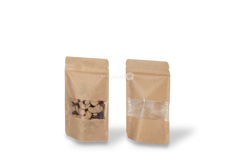 Sacchetti Doypack in carta con finestra - marrone, 110 x 185 x 70 mm, 250 ml