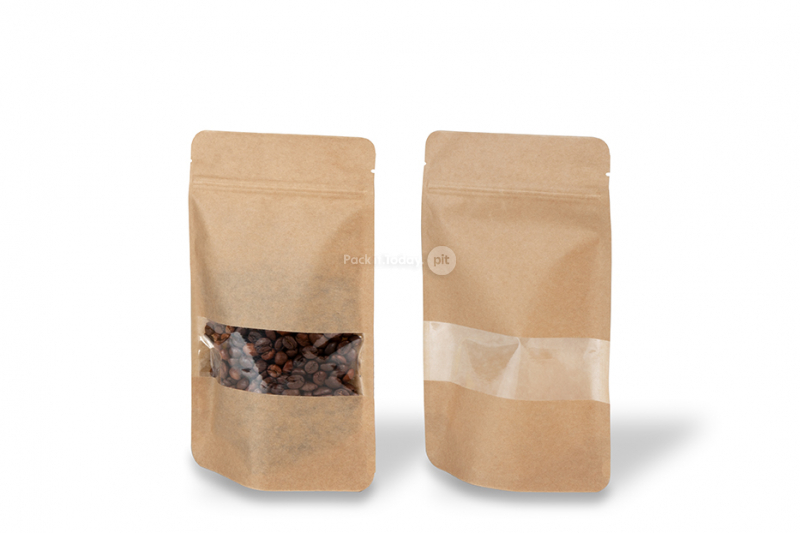 Sacchetti Doypack in carta con finestra - marrone, 130 x 225 x 70 mm, 500 ml