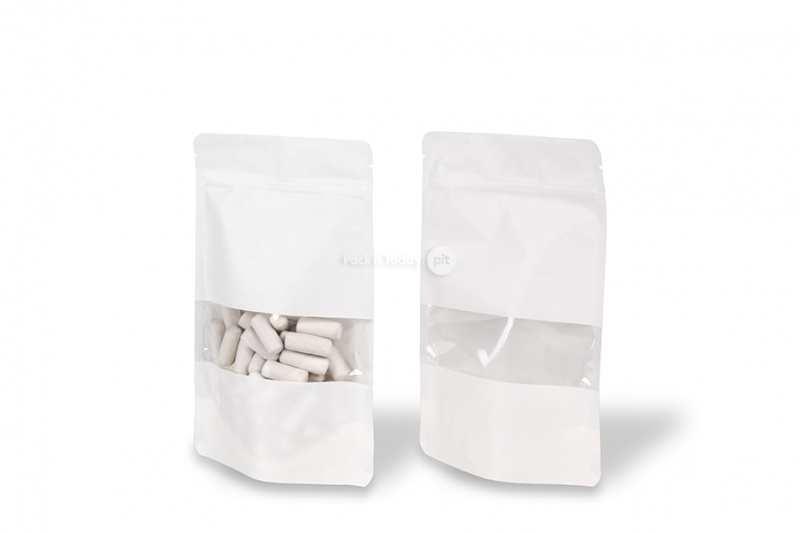 Sacchetti Doypack in carta con finestra - bianco, 130 x 225 x 70 mm, 500 ml