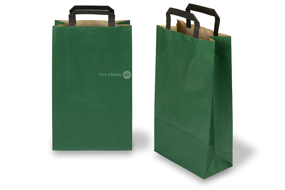 Sacchetti di carta con manici piatti - verde, 220 x 105 x 360 mm