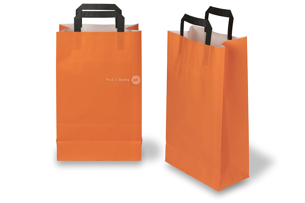 Sacchetti di carta con manici piatti - arancione, 220 x 105 x 360 mm