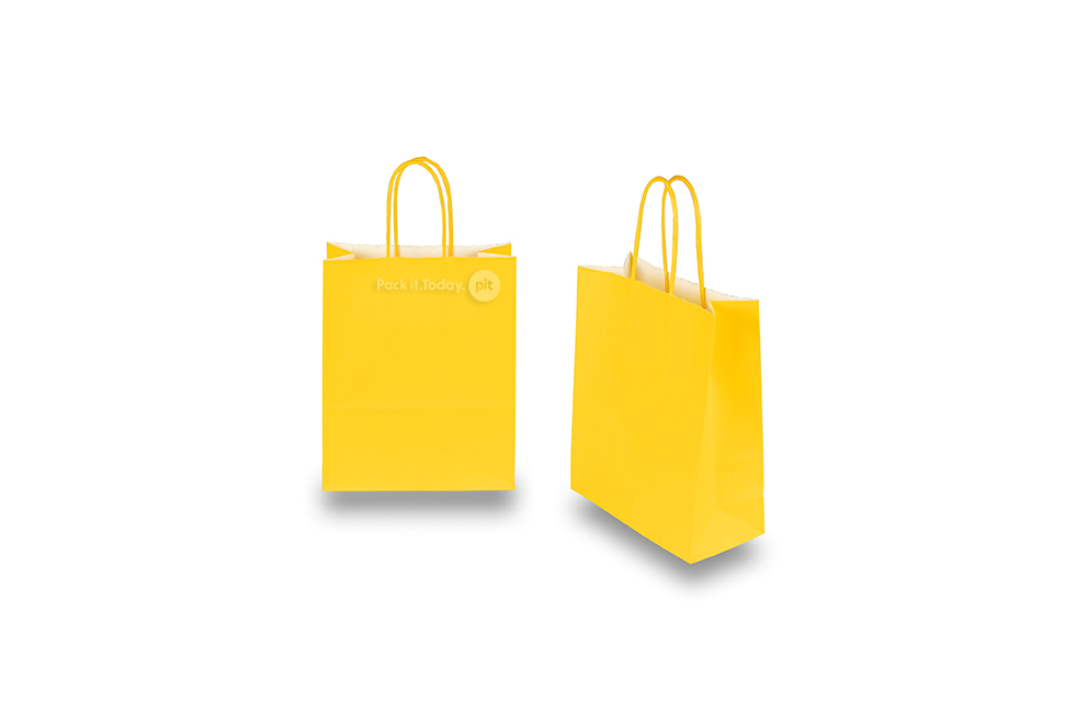 Sacchetti di carta con manici intrecciatip - giallo, 180 x 80 x 220 mm, 90 grammi