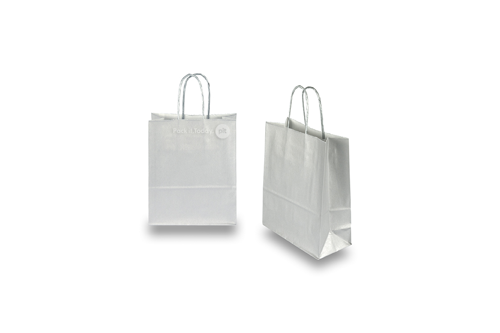 Sacchetti di carta con manici intrecciati - argento, 180 x 80 x 220 mm, 90 grammi