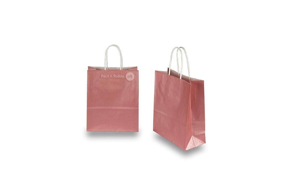 Sacchetti di carta con manici intrecciati - rosa metallizzato, 180 x 80 x 220 mm, 90 grammi