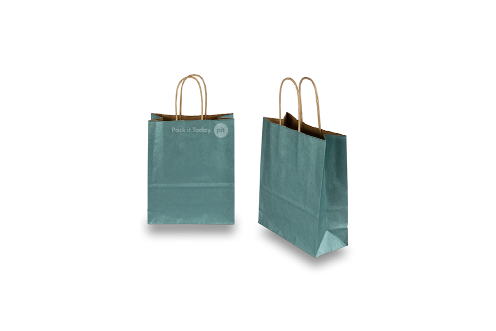 Sacchetti di carta con manici intrecciati - blu petrolio metallizzato, 180 x 80 x 220 mm, 90 grammi