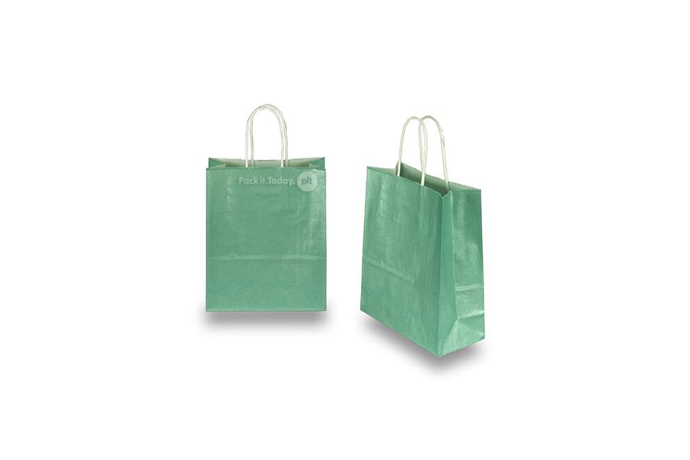Sacchetti di carta con manici intrecciati - verde metallizzato, 180 x 80 x 220 mm, 90 grammi