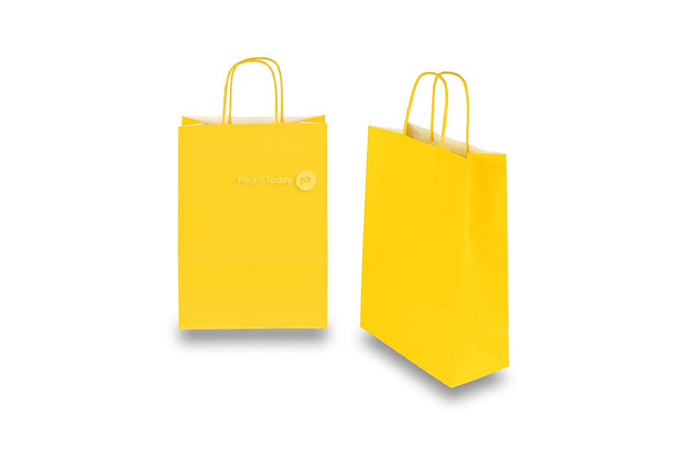 Sacchetti di carta con manici intrecciatip - giallo, 220 x 100 x 310 mm, 90 grammi