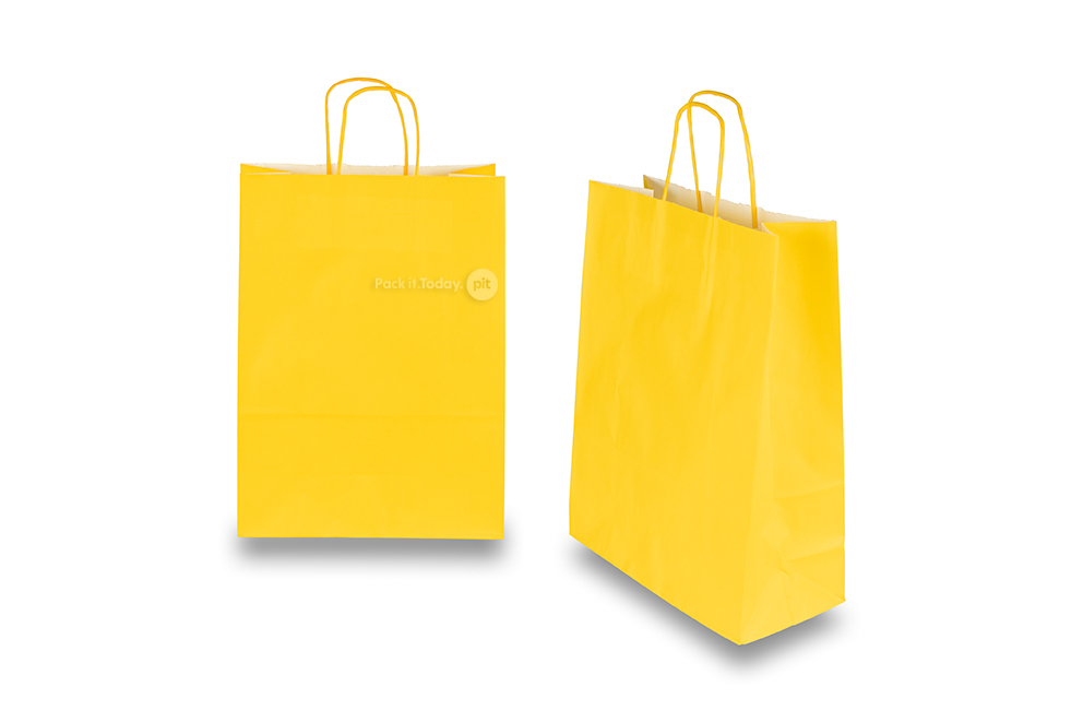 Sacchetti di carta con manici intrecciatip - giallo, 260 x 120 x 350 mm, 90 grammi
