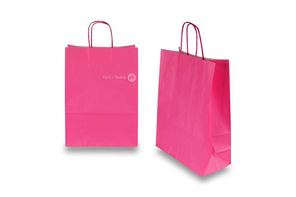 Sacchetti di carta con manici intrecciati - rosa intenso, 260 x 120 x 350 mm, 90 grammi
