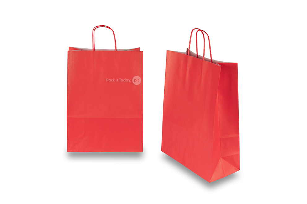 Sacchetti di carta con manici intrecciati - rosso fuoco, 260 x 120 x 350 mm, 90 grammi
