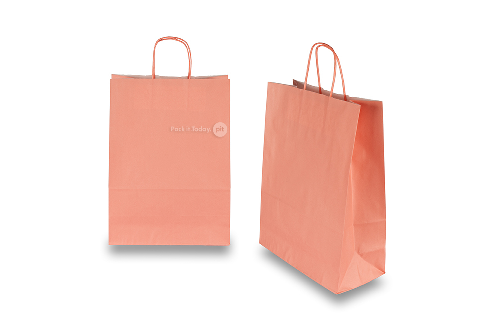 Sacchetti di carta con manici intrecciati - rosa salmone, 260 x 120 x 350 mm, 90 grammi