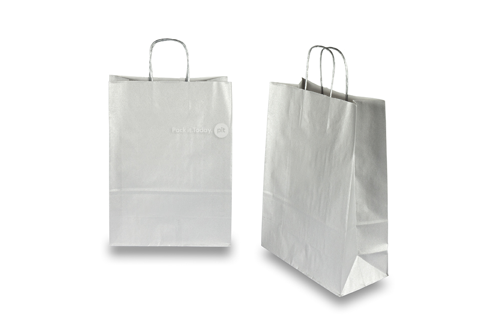 Sacchetti di carta con manici intrecciati - argento, 260 x 120 x 350 mm, 90 grammi