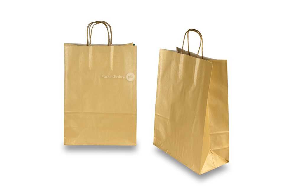 Sacchetti di carta con manici intrecciati - oro, 260 x 120 x 350 mm, 90 grammi