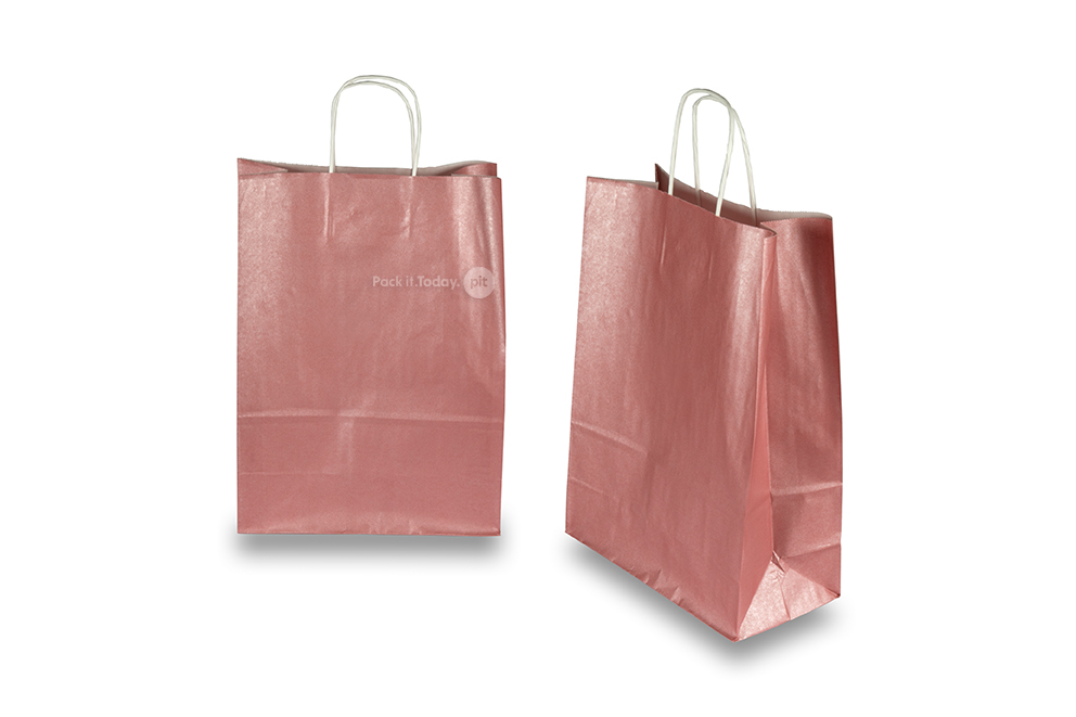 Sacchetti di carta con manici intrecciati - rosa metallizzato, 260 x 120 x 350 mm, 90 grammi