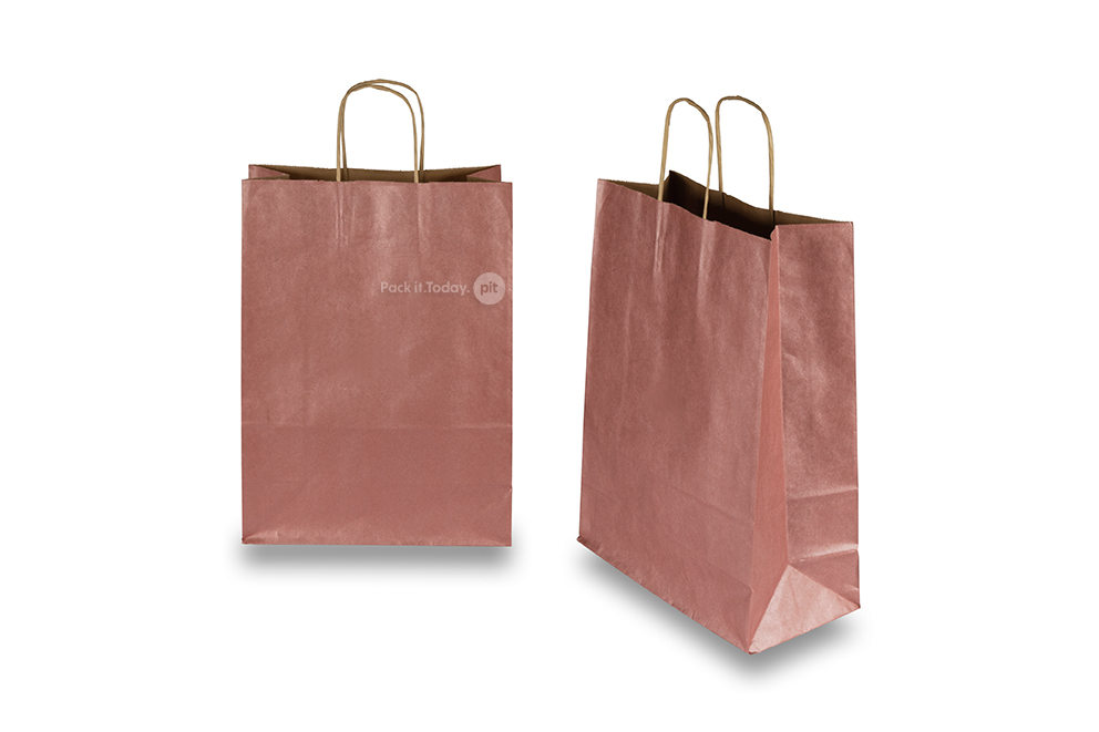 Sacchetti di carta con manici intrecciati - rosso metallizzato, 260 x 120 x 350 mm, 90 grammi