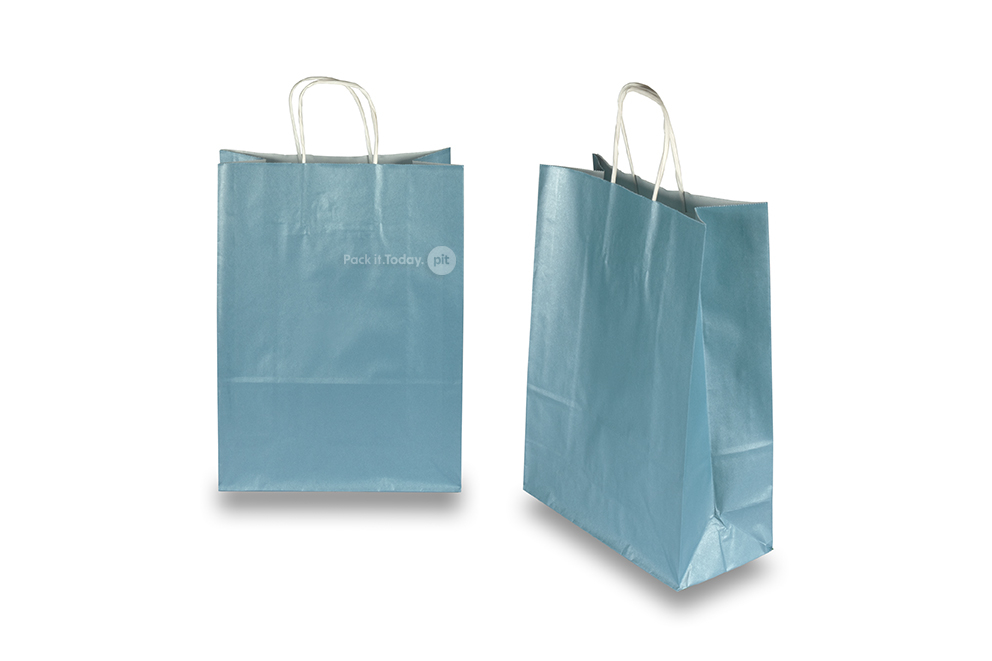 Sacchetti di carta con manici intrecciati - blu metallizzato, 260 x 120 x 350 mm, 90 grammi