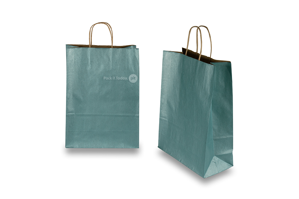 Sacchetti di carta con manici intrecciati - blu petrolio metallizzato, 260 x 120 x 350 mm, 90 grammi