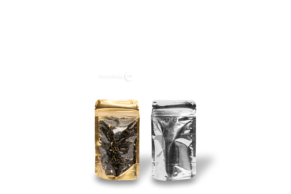 Sacchetti Doypack metallizzati trasparenti - oro metallizzato, 85 x 145 x 50 mm - 100 ml